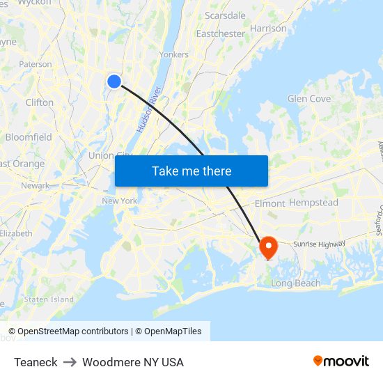 Teaneck to Woodmere NY USA map