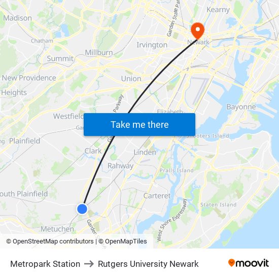 Metropark Station to Rutgers University Newark map