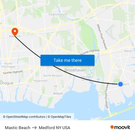 Mastic Beach to Medford NY USA map