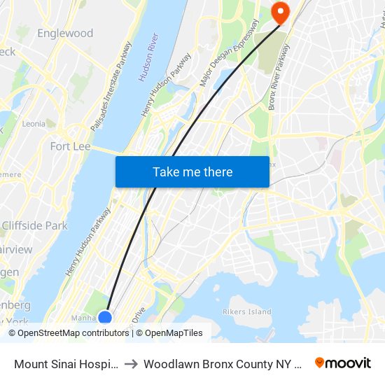 Mount Sinai Hospital to Woodlawn Bronx County NY USA map