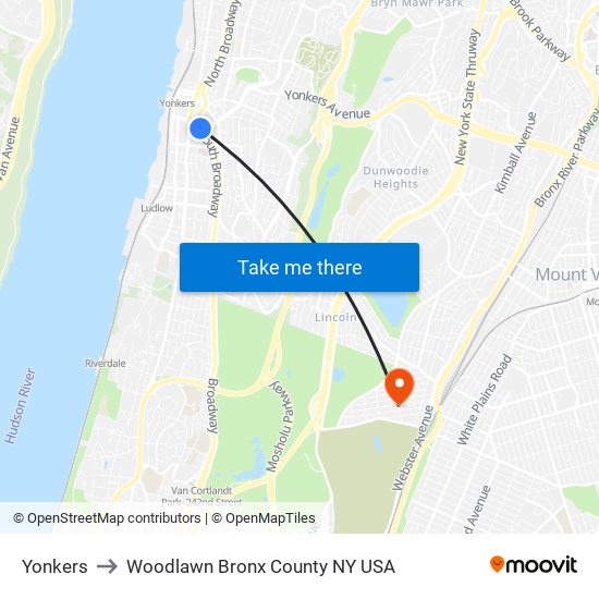 Yonkers to Woodlawn Bronx County NY USA map