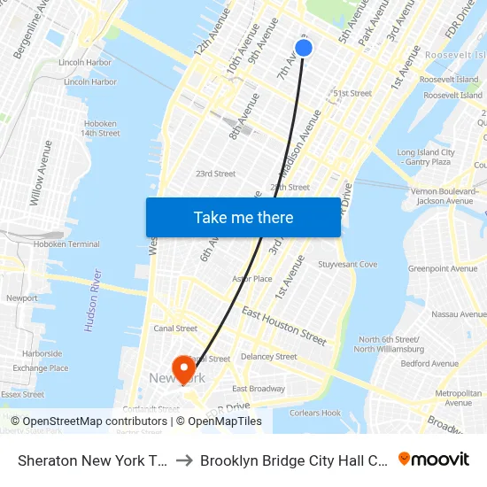 Sheraton New York Times Square Hotel to Brooklyn Bridge City Hall Chambers Street Station map