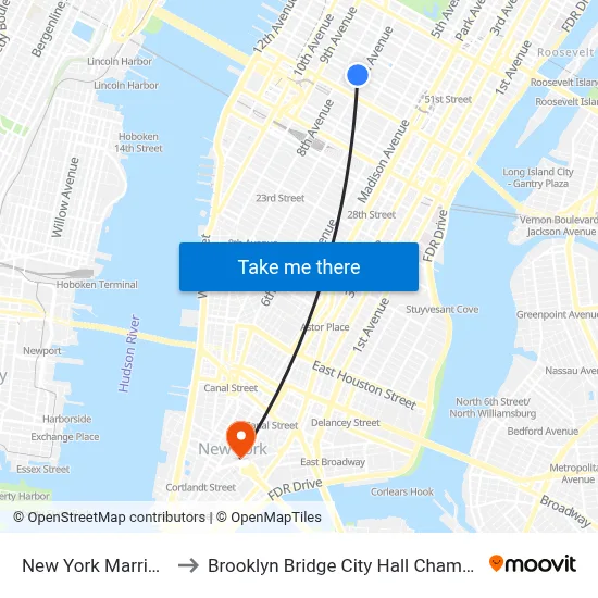 New York Marriott Marquis to Brooklyn Bridge City Hall Chambers Street Station map