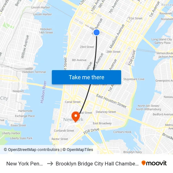New York Penn Station to Brooklyn Bridge City Hall Chambers Street Station map