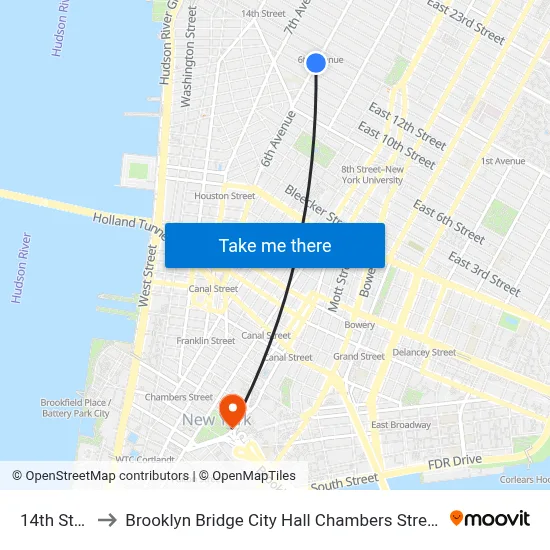 14th Street to Brooklyn Bridge City Hall Chambers Street Station map