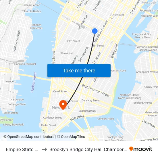 Empire State Building to Brooklyn Bridge City Hall Chambers Street Station map