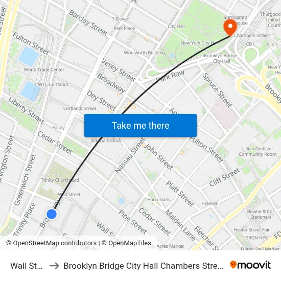 Wall Street to Brooklyn Bridge City Hall Chambers Street Station map