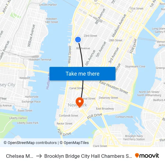 Chelsea Market to Brooklyn Bridge City Hall Chambers Street Station map