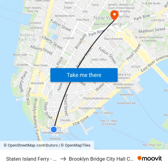 Staten Island Ferry - Whitehall Terminal to Brooklyn Bridge City Hall Chambers Street Station map