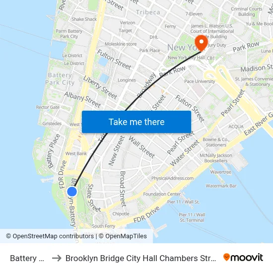 Battery Park to Brooklyn Bridge City Hall Chambers Street Station map