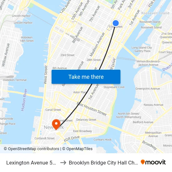 Lexington Avenue 51st Street Station to Brooklyn Bridge City Hall Chambers Street Station map