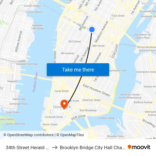 34th Street Herald Square Station to Brooklyn Bridge City Hall Chambers Street Station map