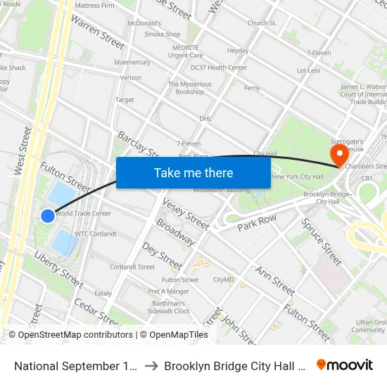 National September 11 Memorial Museum to Brooklyn Bridge City Hall Chambers Street Station map