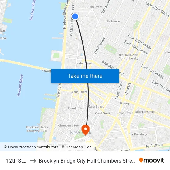 12th Street to Brooklyn Bridge City Hall Chambers Street Station map