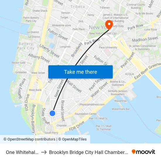 One Whitehall Street to Brooklyn Bridge City Hall Chambers Street Station map