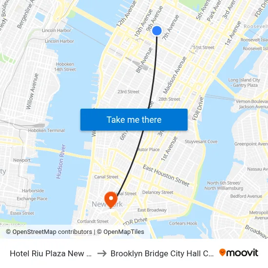 Hotel Riu Plaza New York Times Square to Brooklyn Bridge City Hall Chambers Street Station map