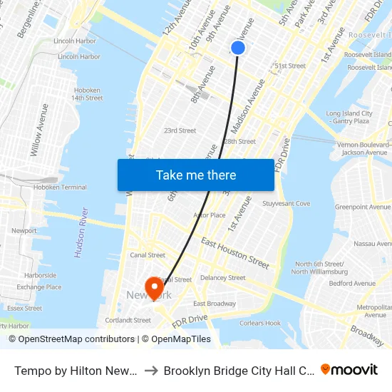 Tempo by Hilton New York Times Square to Brooklyn Bridge City Hall Chambers Street Station map