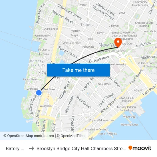 Batery Park to Brooklyn Bridge City Hall Chambers Street Station map