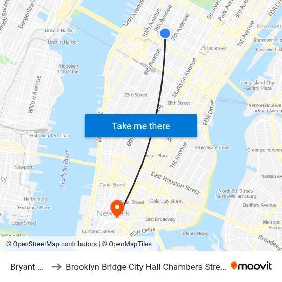 Bryant Park to Brooklyn Bridge City Hall Chambers Street Station map