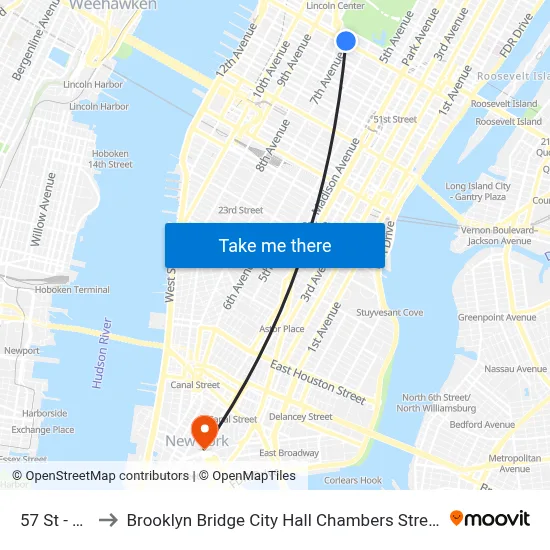 57 St - 7 Av to Brooklyn Bridge City Hall Chambers Street Station map