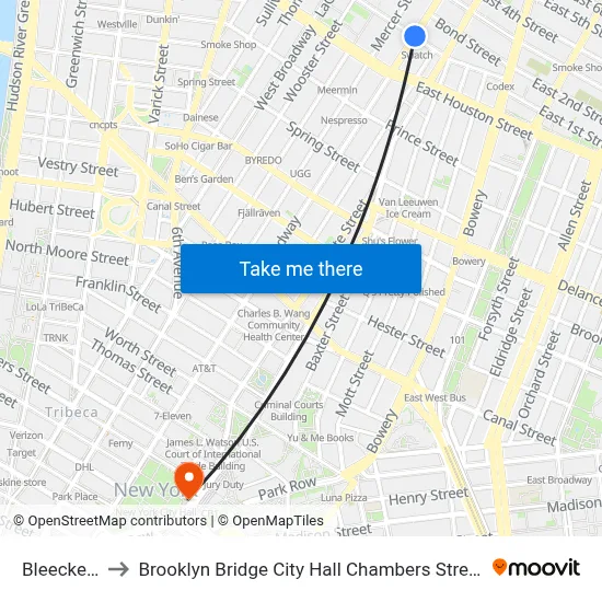 Bleecker St, New York, NY 10012 to Brooklyn Bridge City Hall Chambers Street Station map