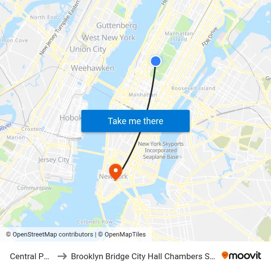 Central Park W to Brooklyn Bridge City Hall Chambers Street Station map
