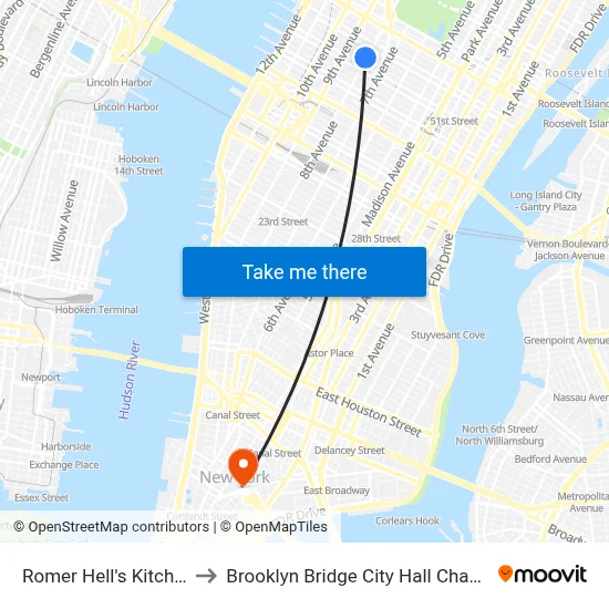 Romer Hell's Kitchen, New York to Brooklyn Bridge City Hall Chambers Street Station map