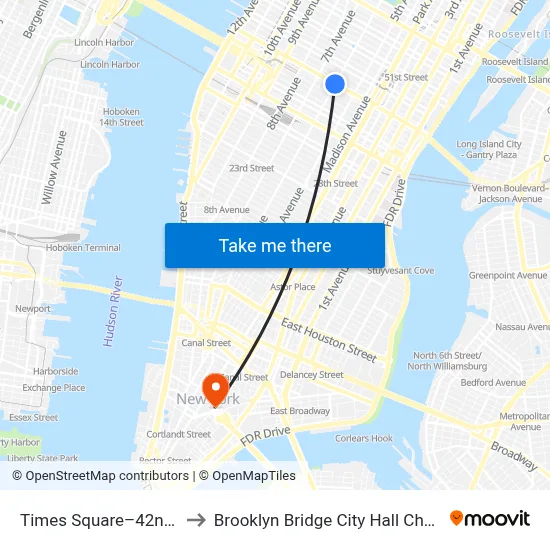 Times Square–42nd Street Station to Brooklyn Bridge City Hall Chambers Street Station map