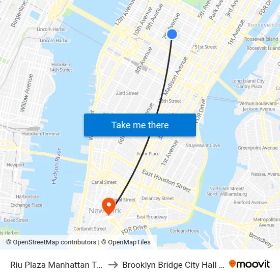 Riu Plaza Manhattan Times Square, New York to Brooklyn Bridge City Hall Chambers Street Station map