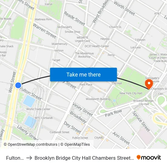 Fulton St to Brooklyn Bridge City Hall Chambers Street Station map