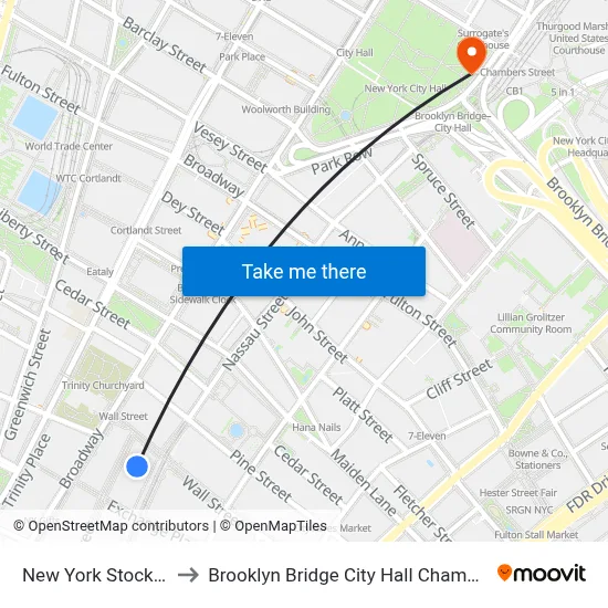 New York Stock Exchange to Brooklyn Bridge City Hall Chambers Street Station map