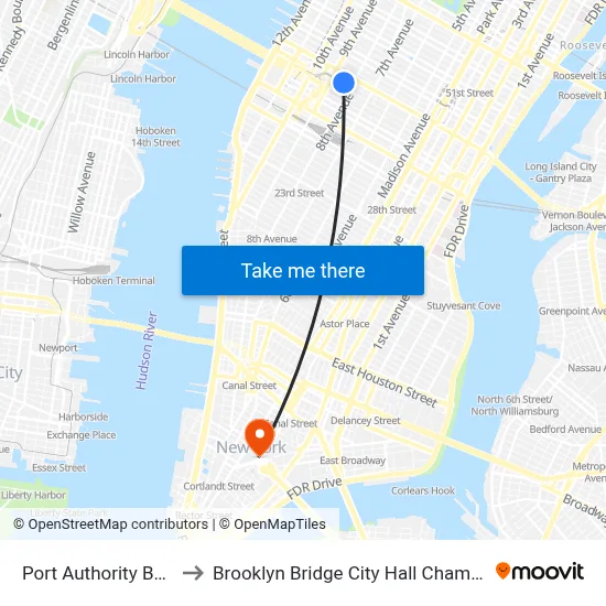 Port Authority Bus Terminal to Brooklyn Bridge City Hall Chambers Street Station map