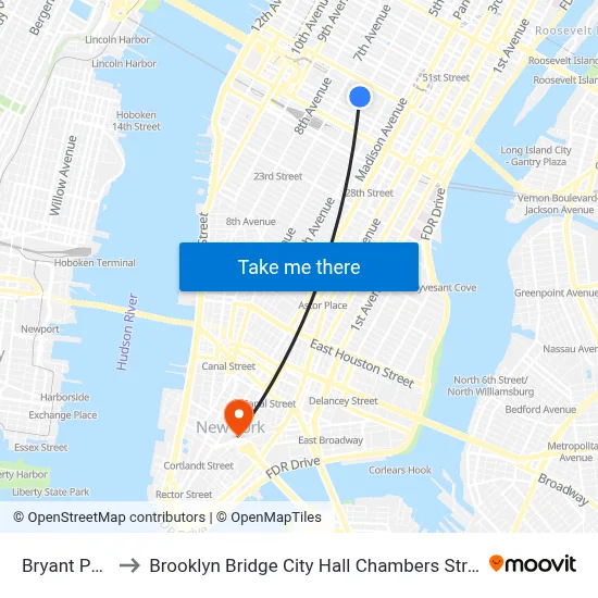 Bryant Park 7 to Brooklyn Bridge City Hall Chambers Street Station map