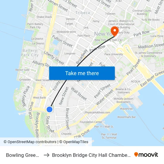 Bowling Green Station to Brooklyn Bridge City Hall Chambers Street Station map