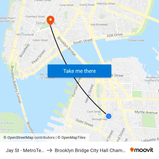 Jay St - MetroTech Station to Brooklyn Bridge City Hall Chambers Street Station map