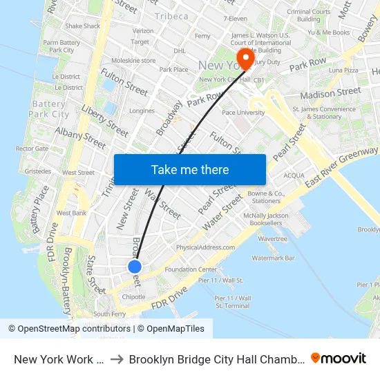 New York Work Exchange to Brooklyn Bridge City Hall Chambers Street Station map