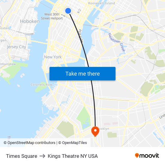 Times Square to Kings Theatre NY USA map