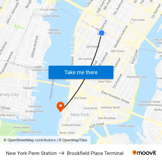 New York Penn Station to Brookfield Place Terminal map