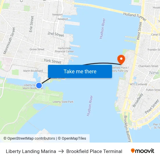 Liberty Landing Marina to Brookfield Place Terminal map