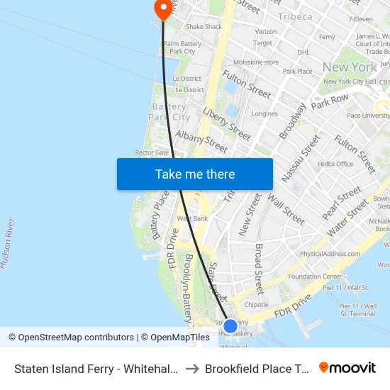 Staten Island Ferry - Whitehall Terminal to Brookfield Place Terminal map