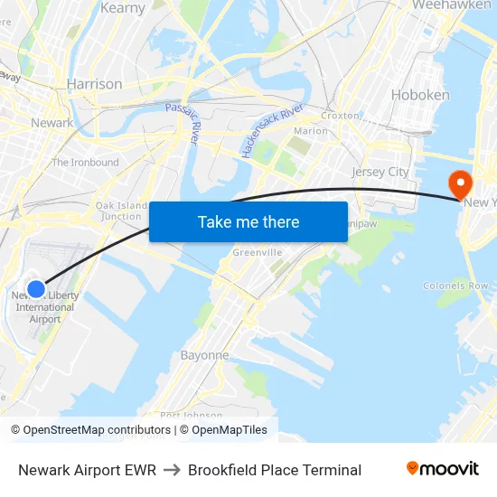Newark Airport EWR to Brookfield Place Terminal map