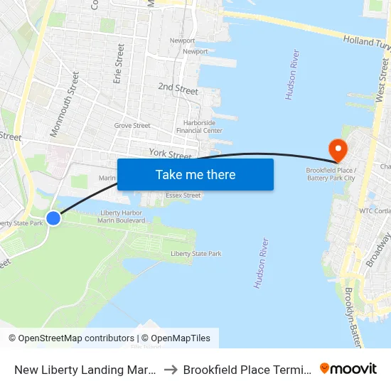New Liberty Landing Marina to Brookfield Place Terminal map