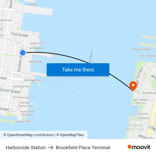 Harborside Station to Brookfield Place Terminal map