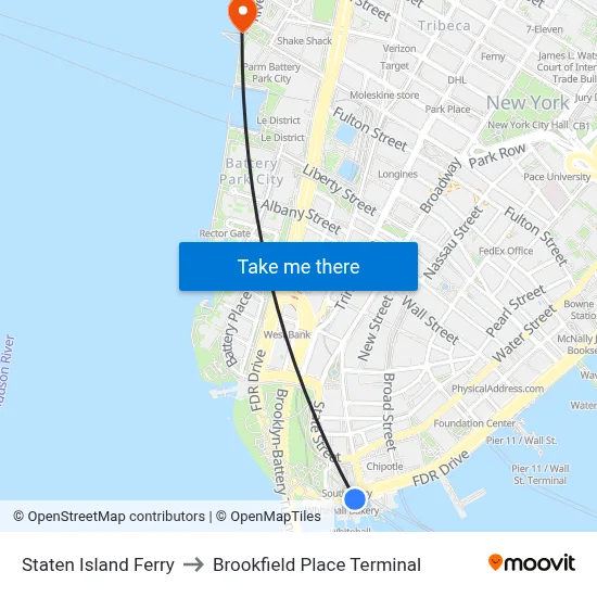 Staten Island Ferry to Brookfield Place Terminal map