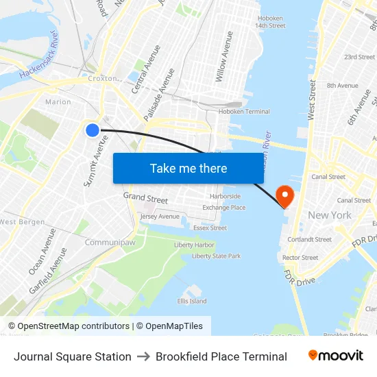 Journal Square Station to Brookfield Place Terminal map