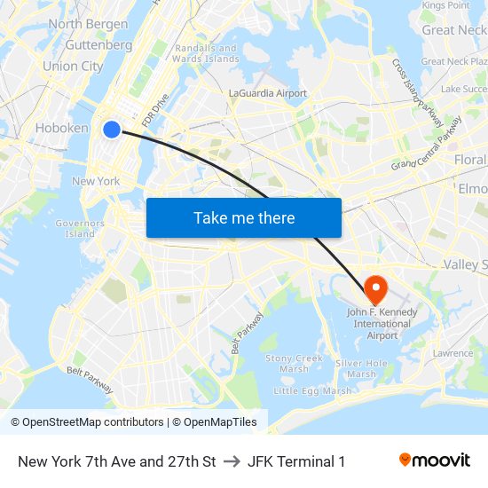 New York 7th Ave and 27th St to JFK Terminal 1 map