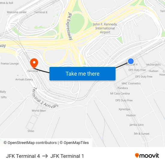 JFK Terminal 4 to JFK Terminal 1 map