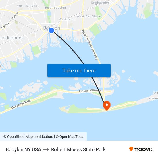 Babylon NY USA to Robert Moses State Park map