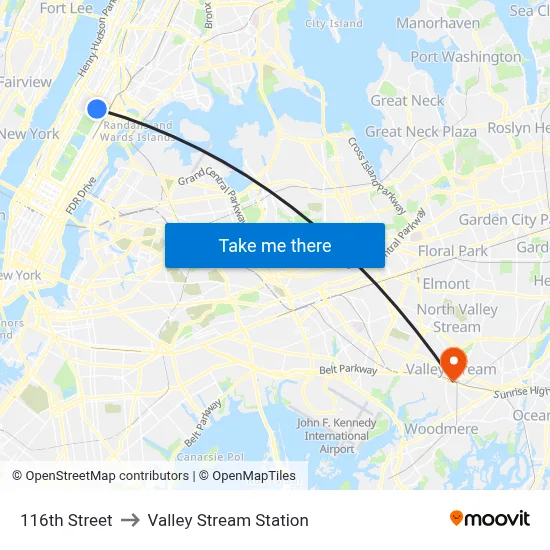 116th Street to Valley Stream Station map