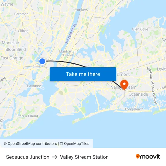 Secaucus Junction to Valley Stream Station map